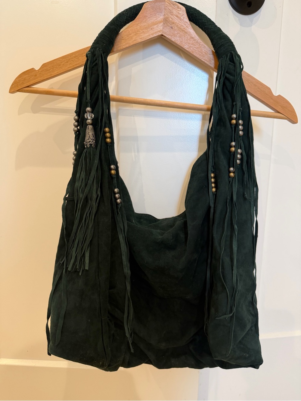 Forest Green Suede Fringe Hobo Bag with Bead Accents